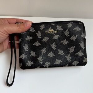 Coach Black Zip Wristlet with Silver flowers peony Design